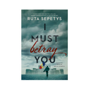 Book cover for Ruta Sepetys I Must Betray You Figure Holding Torn Flag with Gray Buildings and Sky