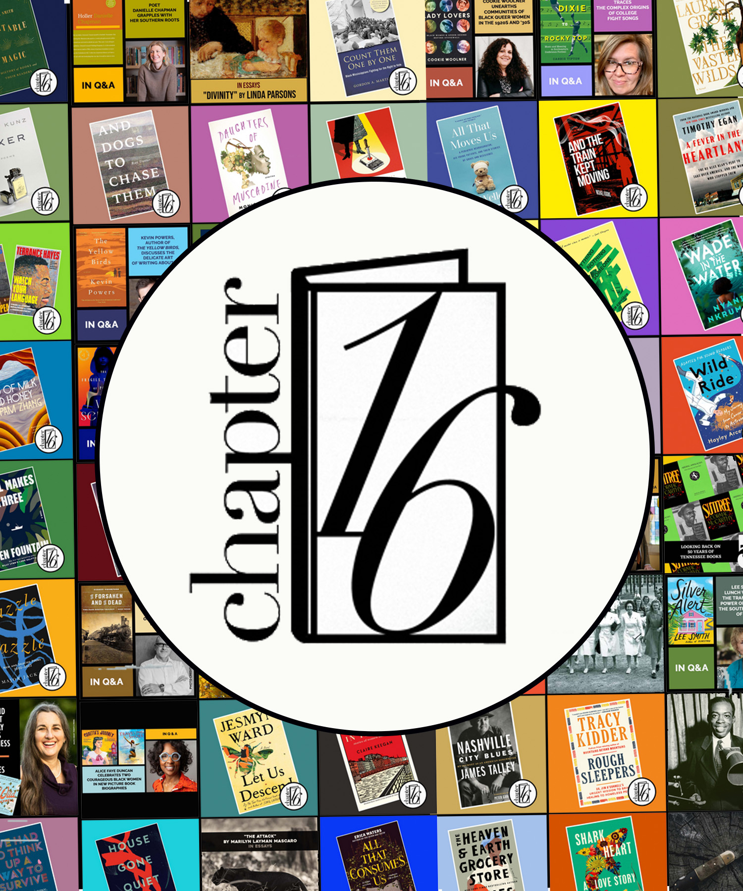 Chapter16 logo over colorful array of book covers and authors