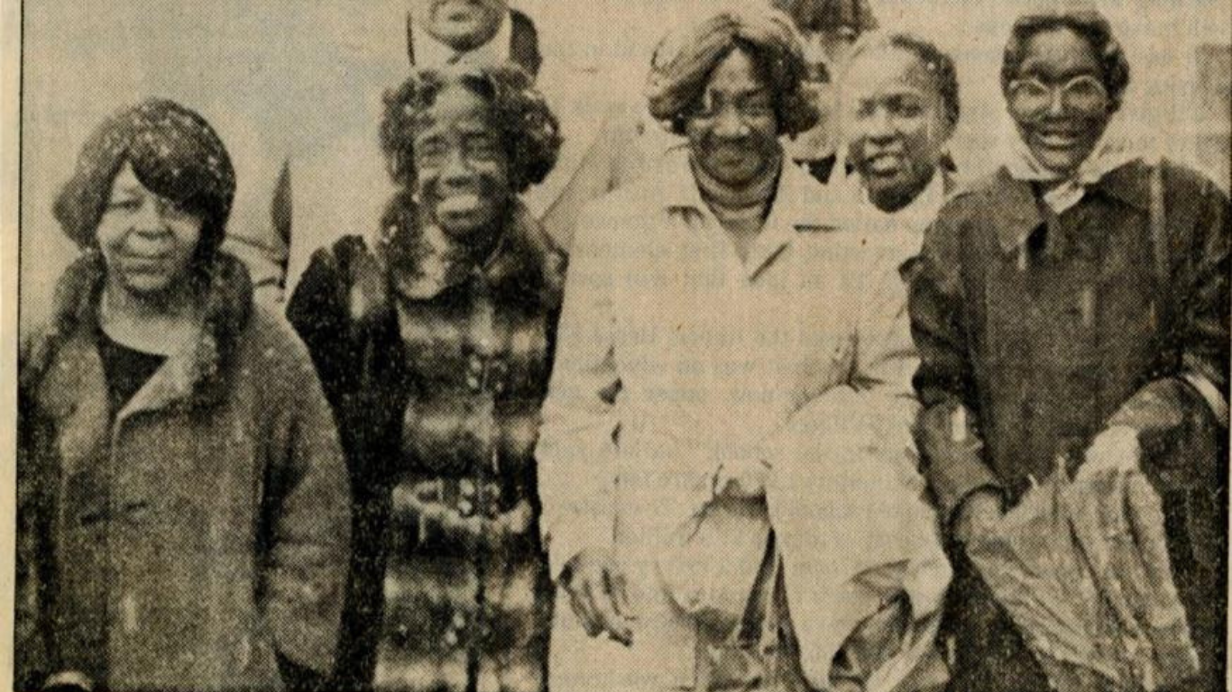 (Left to Right) Opal Jackson, Katherine Johnson, Viola Ellison, Betty Lawrence Lewis (Attorney), Lela Mae Evans. Newspaper imaged used in documentary film How to Sue the Klan.