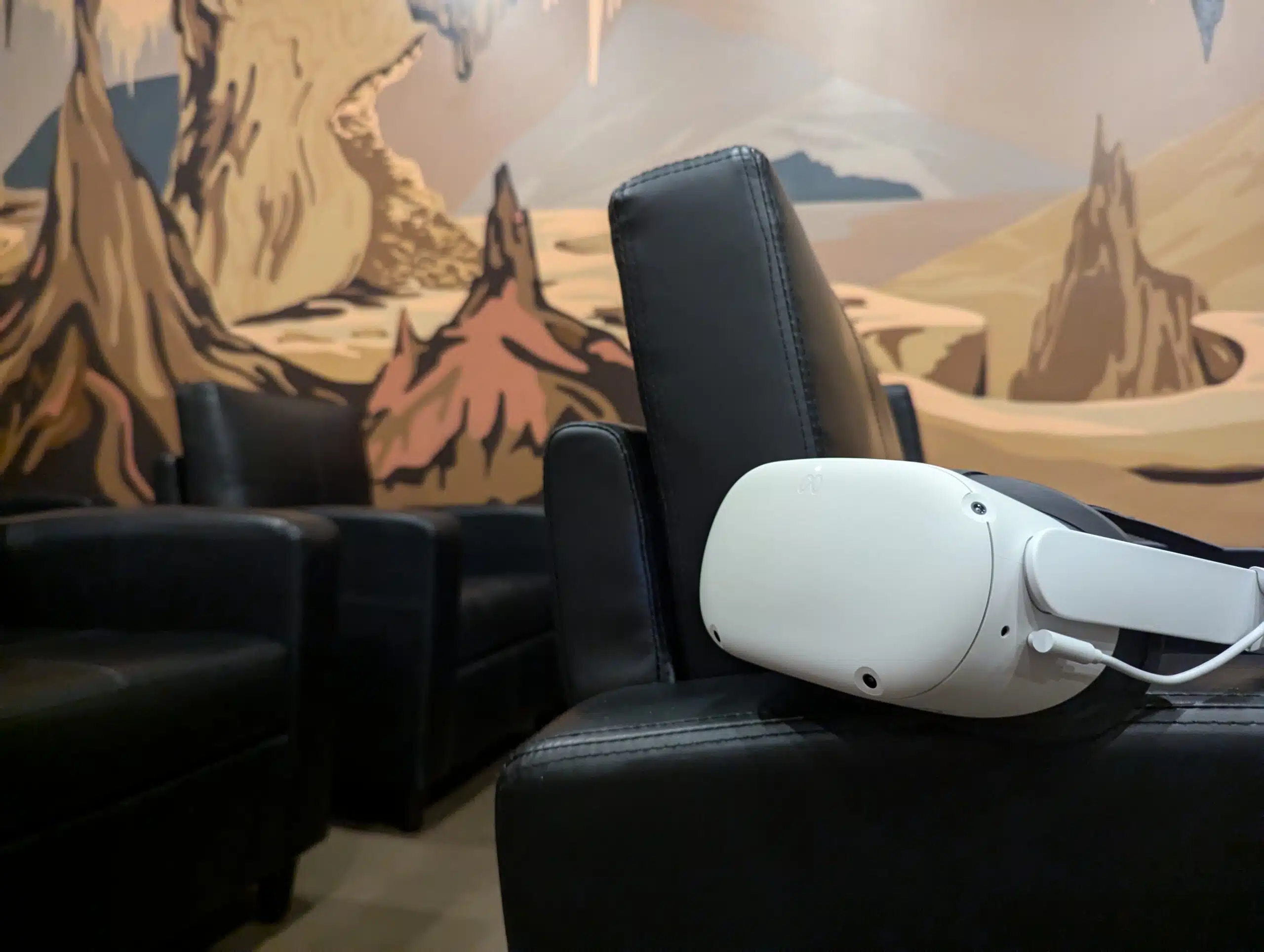 VR headset on chair in the Dunbar Cave State Park Visitors' Center