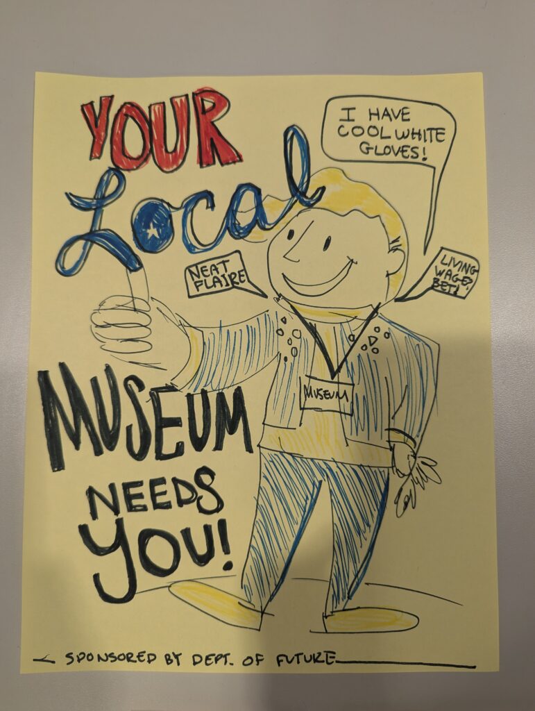 Hand drawn poser of a man wearing white gloves that reads "Your Local Museum Needs You" sponsored by Department of the Future