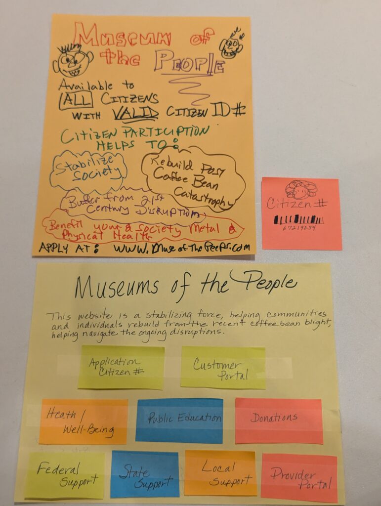 Hand drawn "artifacts from the future" at the strategic foresight workshop